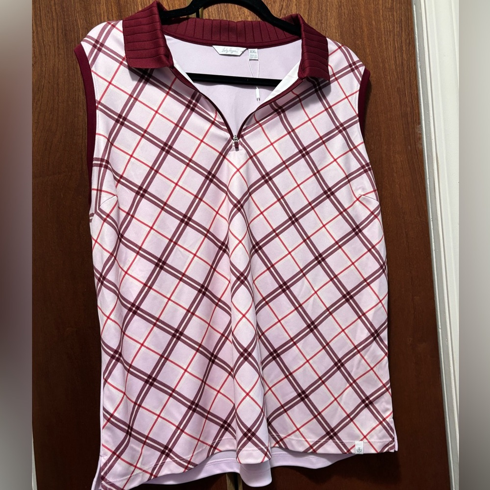 Lady Hagan Bias Clubhouse Plaid Pink Sleeveless Polo